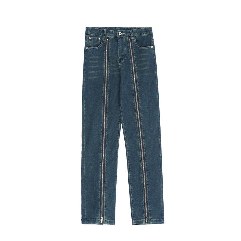 High Street Fashion Brand Long Zipper Vibe Style Deconstructed Washed Distressed Jeans