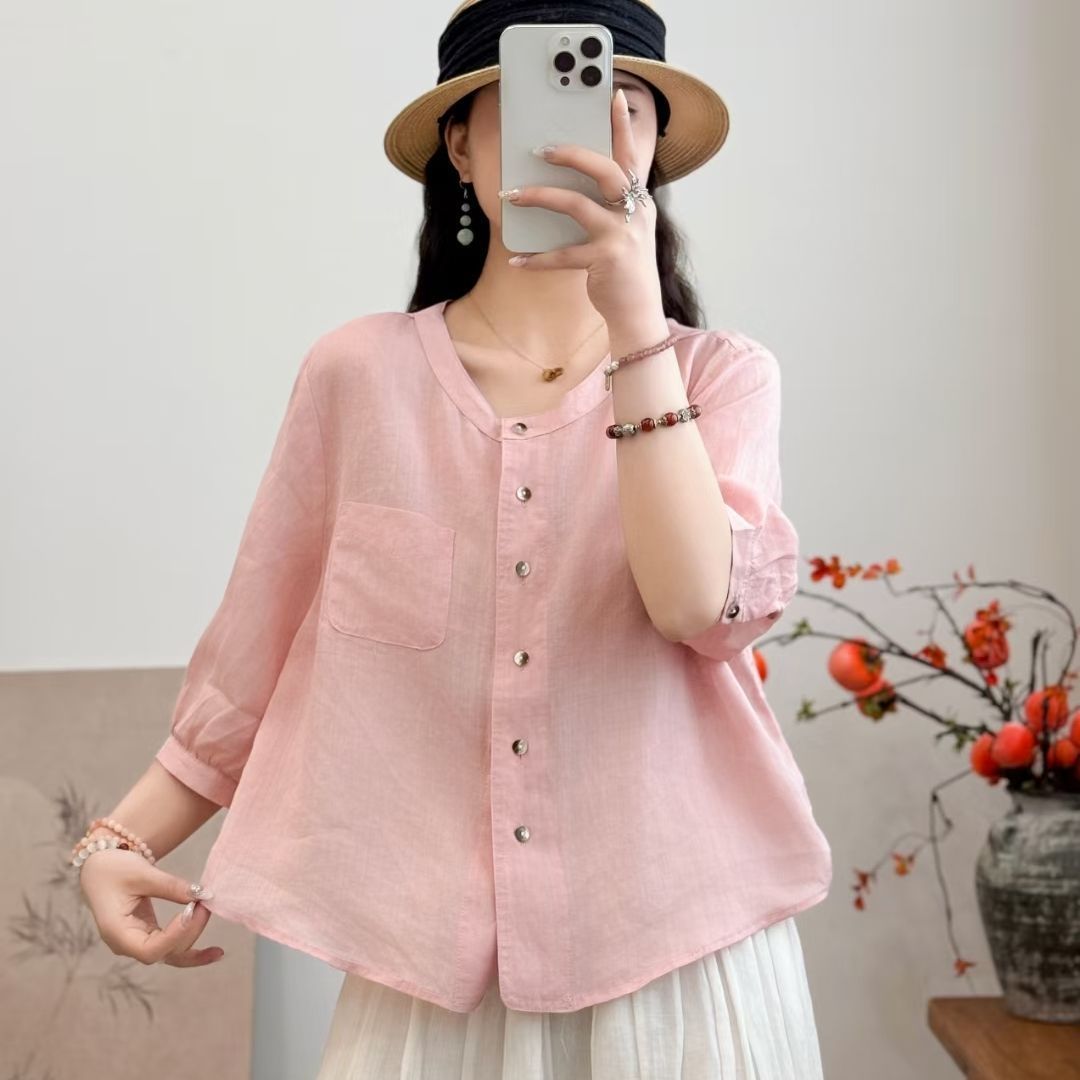 All-matching Western Style Cotton And Linen Short Sleeve Shirt