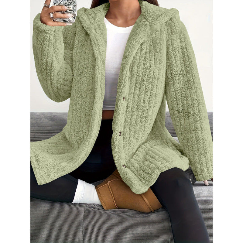 Women's Solid Color Long Sleeve Hooded Loose Plush Coat