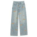 Cartoon Puppy Embroidered High Waist Straight Jeans