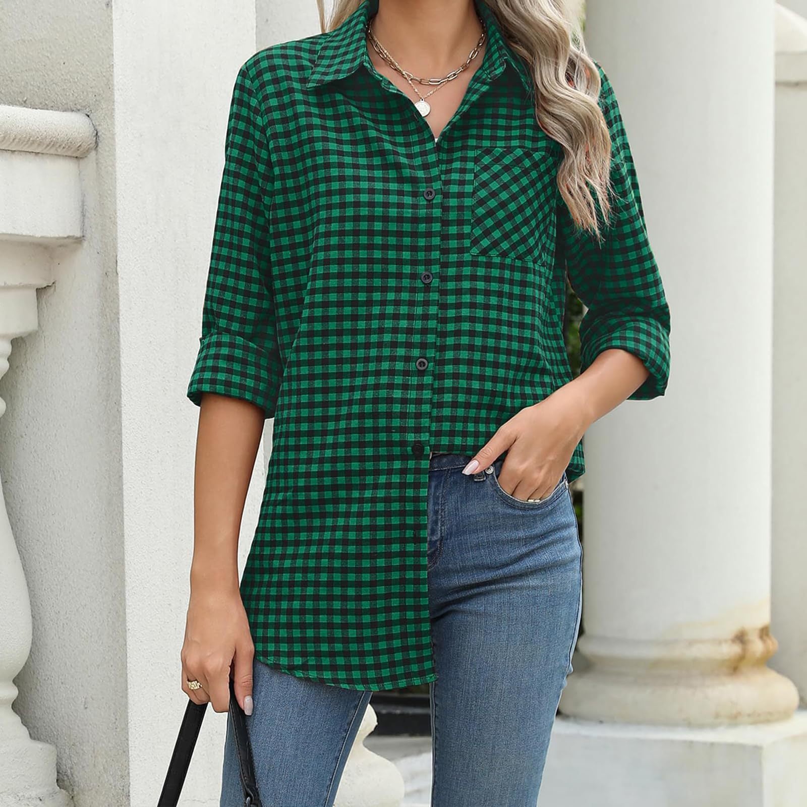 Printed Plaid Lapel Loose Long-sleeve Shirt Plaid Shirt