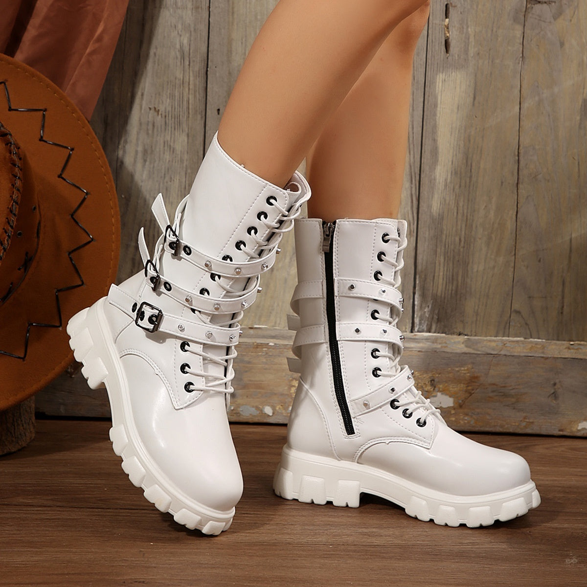 European And American Mid-calf Buckle Knight Boots Women