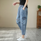 Ladies Vintage High Waist Casual Loose Printed Jeans
